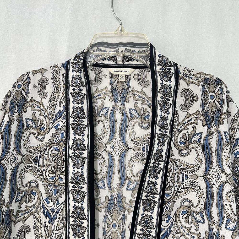 Max Studio Kimono Cardigan Large Black Blue Paisley Open Front Boho - Picture 2 of 9